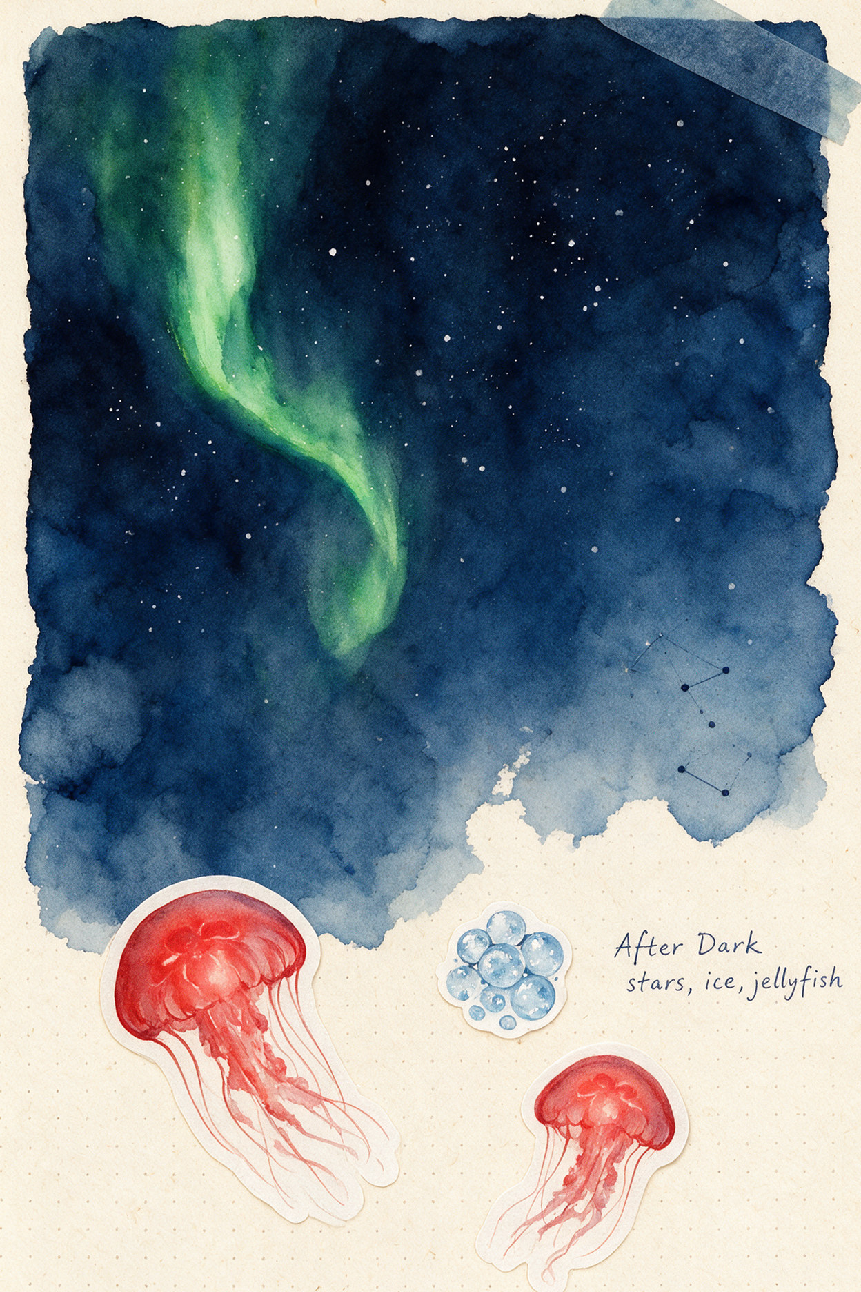 手帐页(AI 生成):水彩夜空、极光、红色水母和冰泡